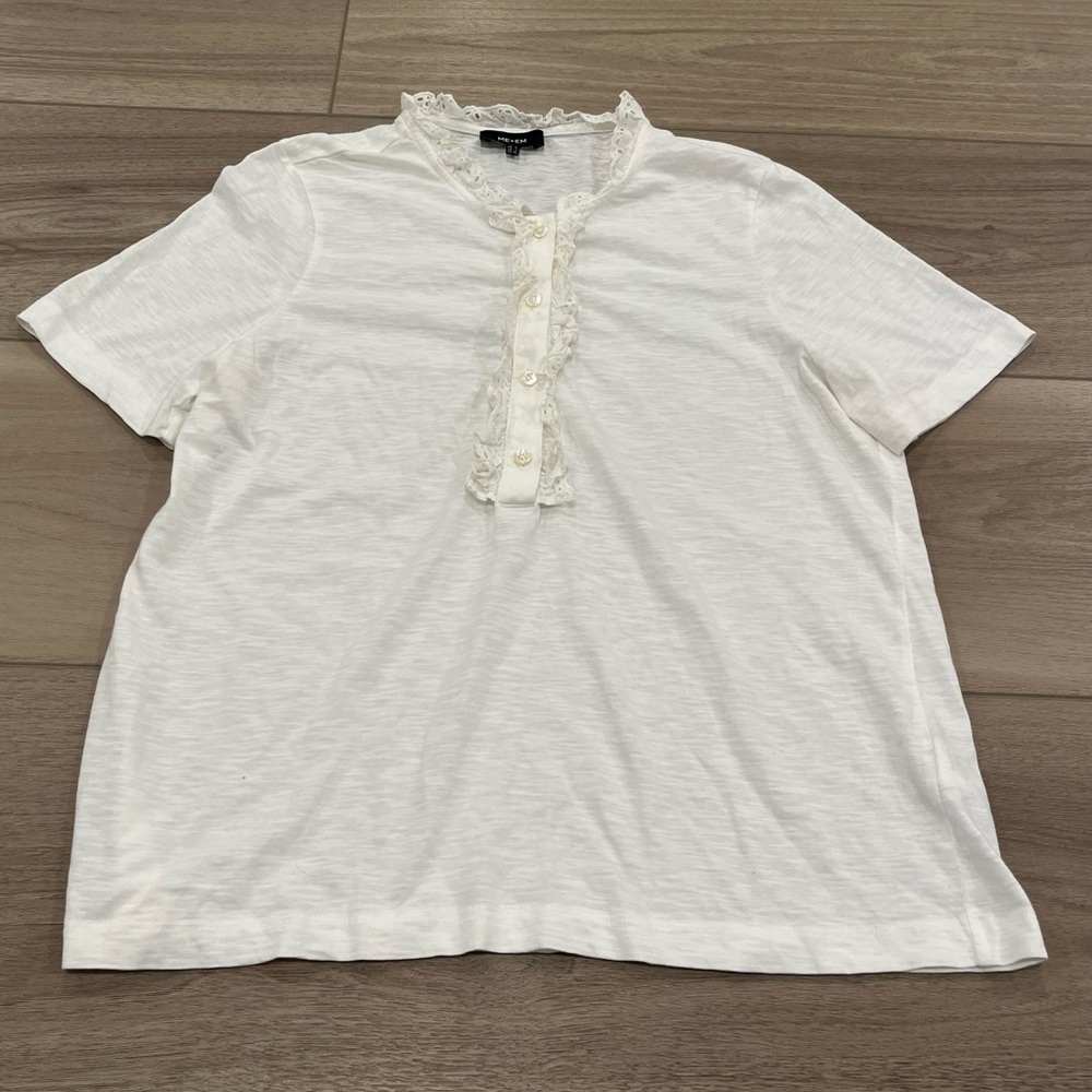 ME&EM Short Sleeve White Cotton Ruffle Front Tee Size US 4 UK 8